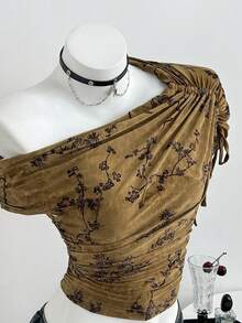 Flirla Casual Khaki Tie-Dye Flocked Plum Blossom Pattern One Shoulder Ruched Bodycon Bohemian Top For Women - Multicolor - View 3