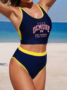 Swim SPRTY Navy Blue Women's Cute Colorblock Swimwear Set,Backless Tank Top & High Waisted Triangle Bottoms,Summer Holiday Beach Party Tummy Control 2 Pieces - Multicolor - View 4