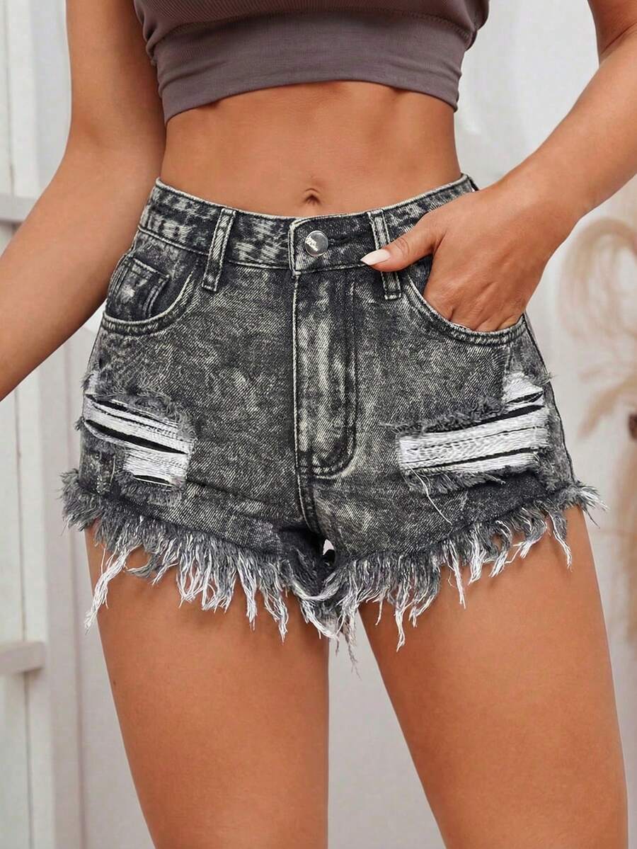 SHEIN PETITE Quần short denim rách có túi dành cho nữ - Xám - Xem 1