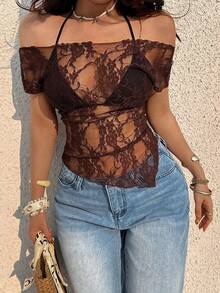 Sunnyshic 白色蕾丝花卉透视修身圆领不对称下摆侧开衩短袖上衣，时尚、优雅、甜美、浪漫、性感、休闲、百搭，适合夏季女性穿着 - 棕色 - 查看 6