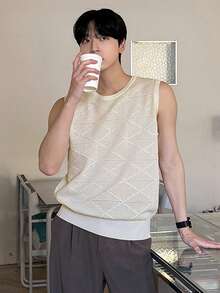 DAZY 男士杏色纹理圆领针织背心，夏季 - 杏色 - 查看 7