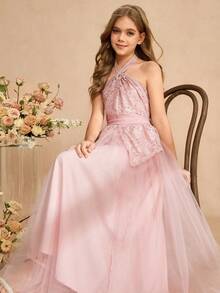 Vestido elegante con contraste de encaje y malla, con corte de cintura y falda acampanada para niñas, adecuado para niña de las flores, boda, baile de graduación, fiesta de cumpleaños, banquete - Rosa - Ver 1