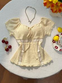 Sweetra Y2K休闲性感度假蕾丝拼接抽绳百搭修身T恤 - 杏色 - 查看 4