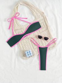 Swim SXY 女士撞色滚边细肩带可拆卸肩带丁字裤比基尼两件套泳衣 - 彩色 - 查看 4