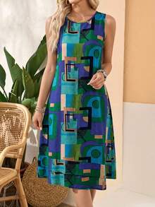 EMERY ROSE 大码女式度假几何印花休闲圆领无袖连衣裙，适合夏季穿着 - 薄荷藍 - 查看 3
