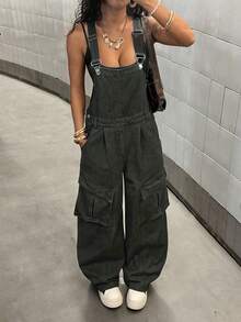 StreetHx Bộ jumpsuit denim dáng rộng, thoải mái, có túi nắp gập, dành cho nữ, phù hợp cho mùa xuân, hè và thu. - Xám - Xem 7