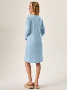 EURMUSE Women's Comfortable Heart Printed Long Sleeve Nightdress - Baby Blue - View 2