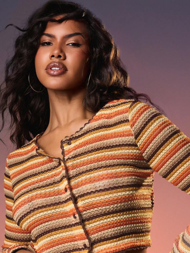 MISSGUIDED Long Sleeve Striped Crochet Knit Cropped Top With Button Front Closure Fall Winter Casual Cardigan Style Sweater