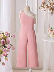 SHEIN 女童撞色编织3D立体花卉装饰无袖休闲连体裤 - 粉色 - 查看 2