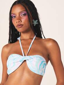 MISSGUIDED Swirl Print Halter Bikini Set With Keyhole Cutout Top And High Rise Bottom With Matching Sarong Cover Up - Multicolor - View 5