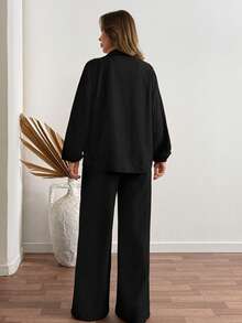 Black Long Sleeve Button-Up Shirt And Wide Leg Pants Two Pieces Set - Black - View 2