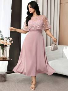 Modelyn Đầm dự tiệc cỡ lớn dành cho nữ, thêu hoa, cổ tròn, eo thắt. - Màu Hồng  San hô - Xem 5