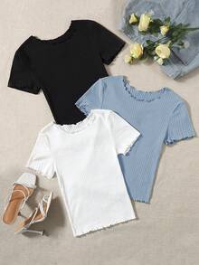 SHEIN EZwear 夏季三件套荷叶边罗纹针织修身打底衫T恤 可爱女式上衣 罗纹上衣 可爱休闲上衣 可爱短袖上衣 棉质短袖上衣 女式上衣 荷叶边上衣 罗纹针织上衣 - 霧霾藍 - 查看 3