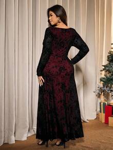 Elaquor 大码女式花卉植绒网纱垂褶领长袖修身优雅连衣裙 - 彩色 - 查看 3