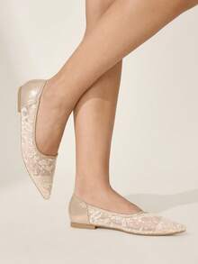 CUCCOO CHICEST 女鞋 时尚尖头平底香槟色网面优雅舒适通勤百搭女式平底鞋 - 香檳色網 - 查看 5