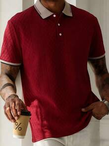 ARLO REED Men's Knitted Jacquard Solid Color Textured Ribbed Collar 3-Button Polo Shirt - Burgundy - View 1