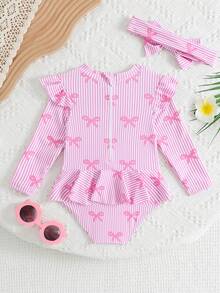 SHEIN GraphicGems Baby Girls' Pink Striped Bow Print Swimsuit,Long Sleeve Rashguard One-Piece With Ruffle Hem,Holiday Beachwear Bathing Suit For Swimming Summer Party - Pink - View 2
