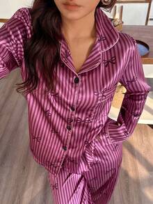 Faux Silk Bow Striped Women Pajama Set - Purple - View 4