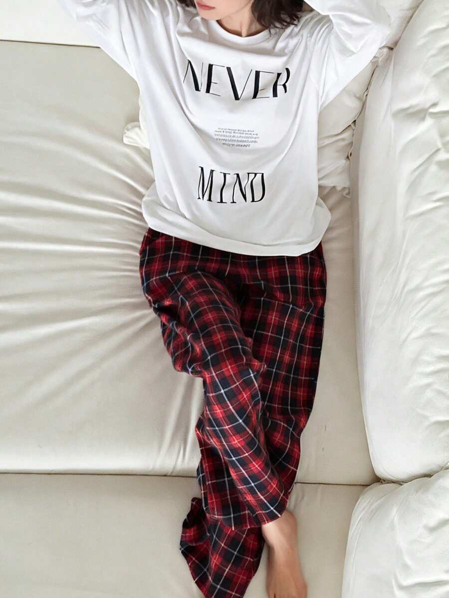 DAZY 2件套女士印花宽松长袖T恤和格子直筒长裤睡衣套装，春季 - 白色 - 查看 1