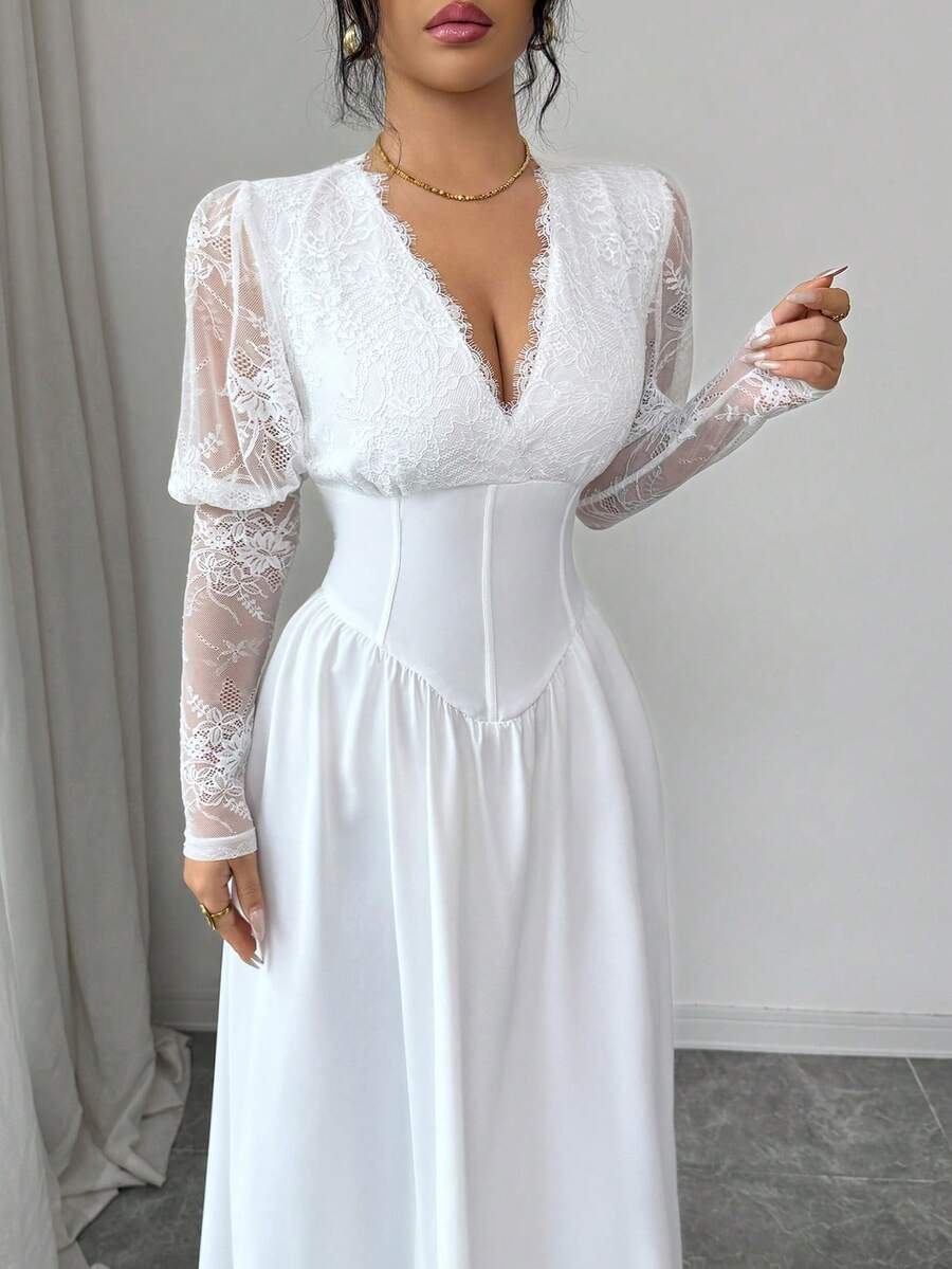 Modelyn Women's Elegant French Lace Petal Sleeve Dress, Flared Skirt, Suitable For Parties And Gatherings, Spring/Summer - White - View 1