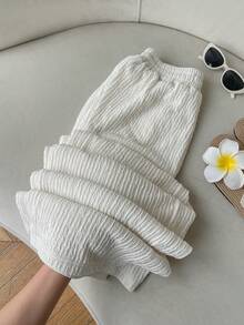 SHEIN EZwear 女士纯色弹力腰休闲宽松裤 - 杏色 - 查看 6