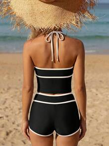 Swim Mod 2026春夏吊带蓝杏色撞色三角杯高腰三角泳裤甜美女士坦克比基尼两件套泳装 - 黑與白 - 查看 2