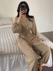 DAZY Combinaison ample pour femme avec manches lanternes et taille resserrée, couleur unie minimaliste, tenue de détente - Camel - Voir 10