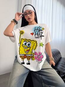 SpongeBob SquarePants | SHEIN 大码女式圆领卡通字母印花休闲百搭日常短袖T恤 - 白色 - 查看 5