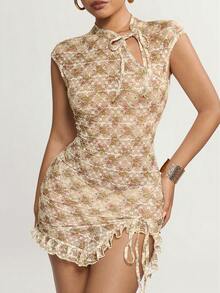 SHEIN ICON 女士印花镂空系带领优雅短袖迷你连衣裙 - 杏色 - 查看 8