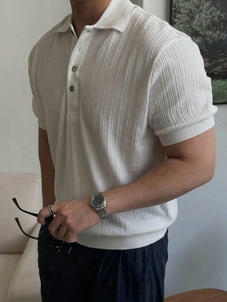 Men's Short Sleeve White Polo Knit Top, Summer