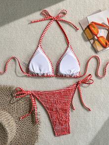 Swim Mod 2pcs Women's Summer Beach Vacation Ruched Leopard Print Halter Tie Bikini Set - Multicolor - View 2