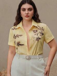 Anewsta Blus Lengan Pendek Bordir Bunga Elegan untuk Wanita, Serbaguna untuk Liburan, Mode Modern, dan Perjalanan Sehari-hari - Kuning - View 6