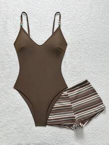 Soleia 女士休闲装 女士沙滩装 夏季装 女士度假装 棕色系服装 女士夏季沙滩度假简约纯色串珠吊带连体泳衣和撞色条纹短裤套装 - 彩色 - 查看 4