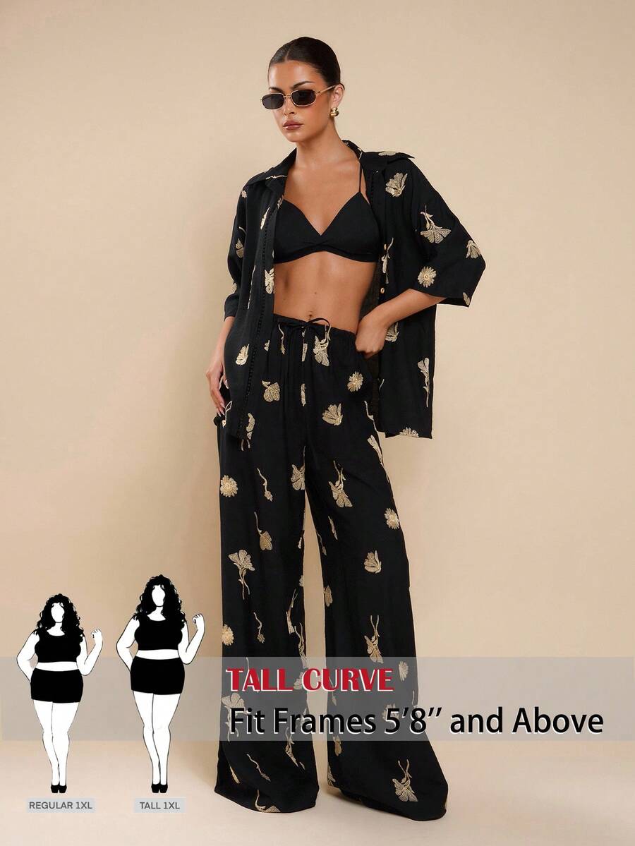 SHEIN Tall CURVE 大码女式豹纹字母贴花口袋阔腿休闲裤 - 黑色 - 查看 1