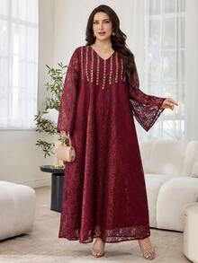 Al Najma Kaftan holgado de manga larga con cuello en V de encaje, ajuste regular, para primavera/otoño, talla grande - Burdeos - Ver 3