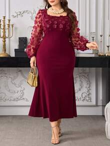 Modelyn Đầm dài tay cổ tròn dáng đuôi cá ôm sát người, chất liệu dệt kim phối họa tiết hoa 3D, cỡ lớn, thanh lịch, thích hợp cho mùa xuân/thu. - Màu Đỏ Sâu - Xem 1