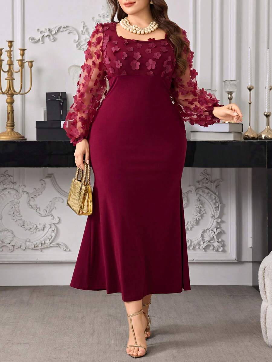 Modelyn Đầm dài tay cổ tròn dáng đuôi cá ôm sát người, chất liệu dệt kim phối họa tiết hoa 3D, cỡ lớn, thanh lịch, thích hợp cho mùa xuân/thu. - Màu Đỏ Sâu - Xem 1
