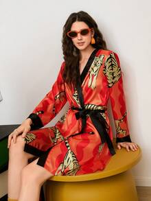 Young Energetic Tiger & Wave Striped Print Midi Robe For Women - Multicolor - View 6