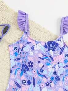 SHEIN 少女碎花荷叶袖连体泳衣，适合度假、海滩、泳池派对和沙滩派对。 - 紫色 - 查看 4