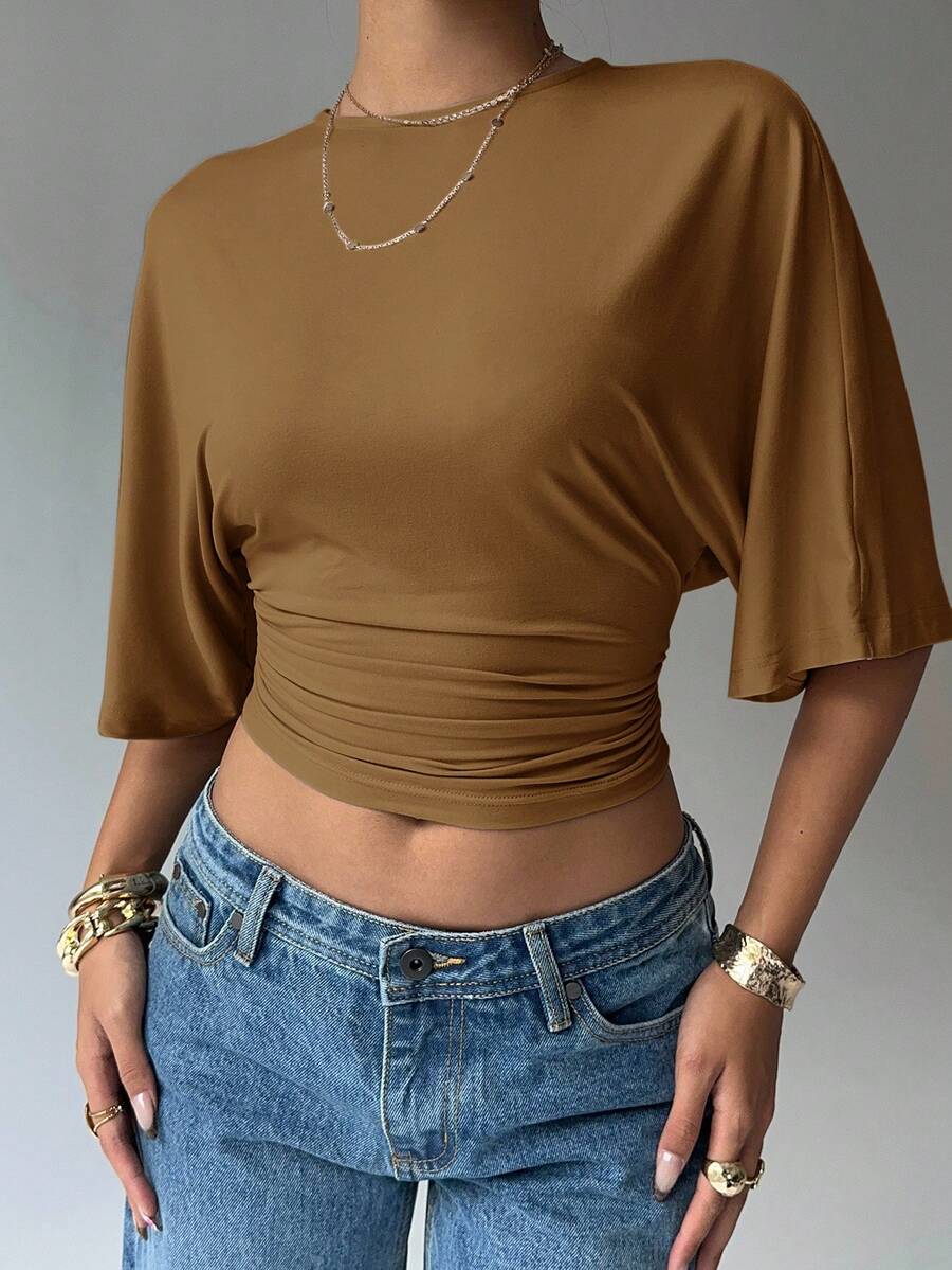 Aloruh Women's Solid Color Minimalist Short Sleeve T-Shirt - Rust Brown - View 1