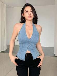 ICON Top halter de mezclilla elástico y sin mangas sexy para mujer, corsé azul, top de verano lindo - Lavado ligero - Ver 4