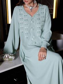 Al Najma Elegant Cutout Neck Embroidered Lantern Sleeve Loose Kaftan Dress, Vacation Style - Mint Green - View 6