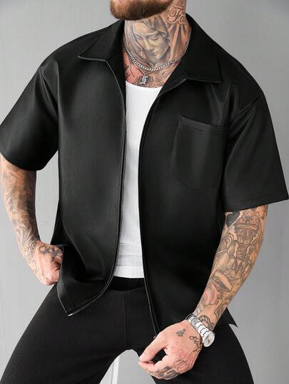 SLATEMANN Men's Casual Everyday Commute Simple Solid Color PU Leather Zip-Up Short Sleeve Shirt, Summer Black Shirt Short Sleeve Men Zip Up Shirt Men Blk Shirts Men Shirt Streetwear Pu Streetwear Men Shirt