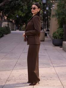Andrea Bello Women's Solid Color Waist Cinched Jacket And Pants Suit Set - Brown - View 3