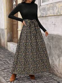 SHEIN LUNE 女士纯色、印花、拼接简约休闲长裙 - 黑色 - 查看 5