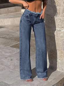 EURMUSE 100%Cotton Rigid, Belt Detailed Wideleg Fit - Light Wash - View 6