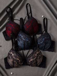 DesireSculpt 3件套性感蕾丝拼接女士文胸套装 - 彩色 - 查看 1