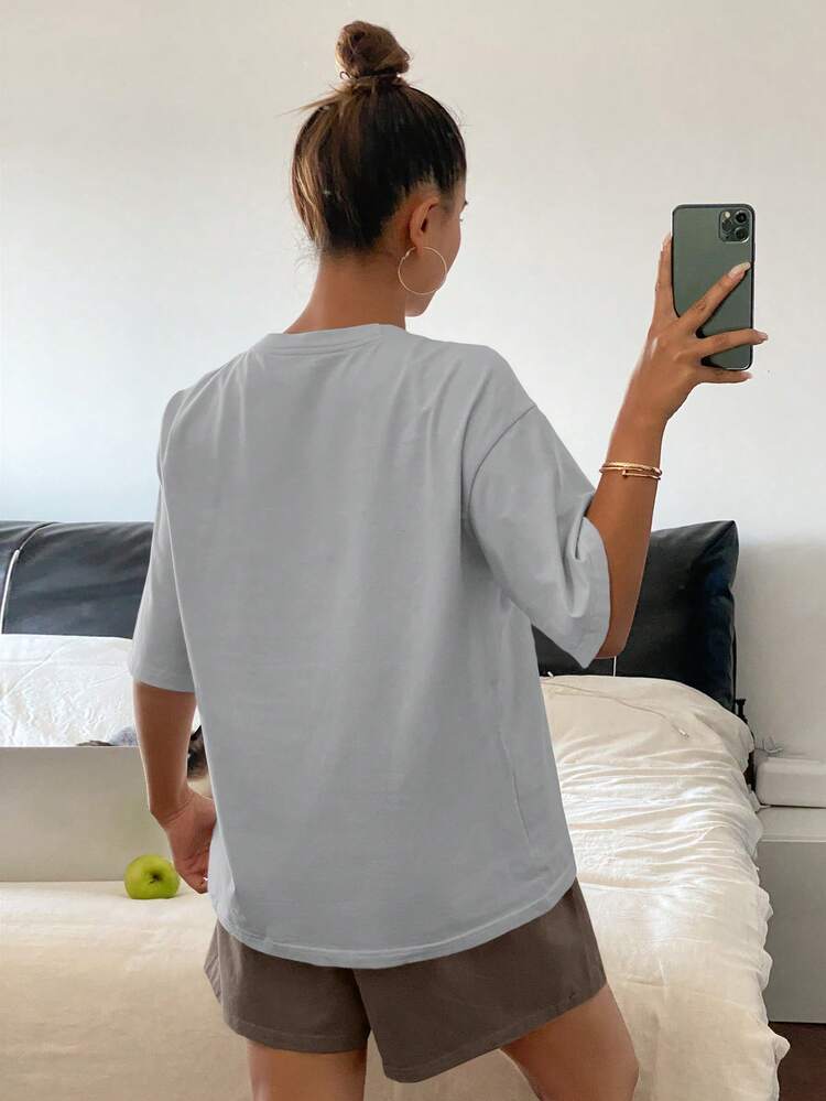 2pcs/Set Women Solid Color Loose Fit Short Sleeve Shorts Pajama Set, Summer