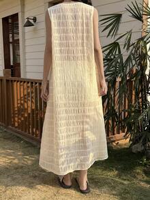 2026 Cárdigan largo blanco con textura, plisado y patchwork transparente.Ideal para festivales de música, San Valentín, bodas, informal, playa.Blusa de manga larga para mujer.Primavera/verano. - Amarillo - Ver 3