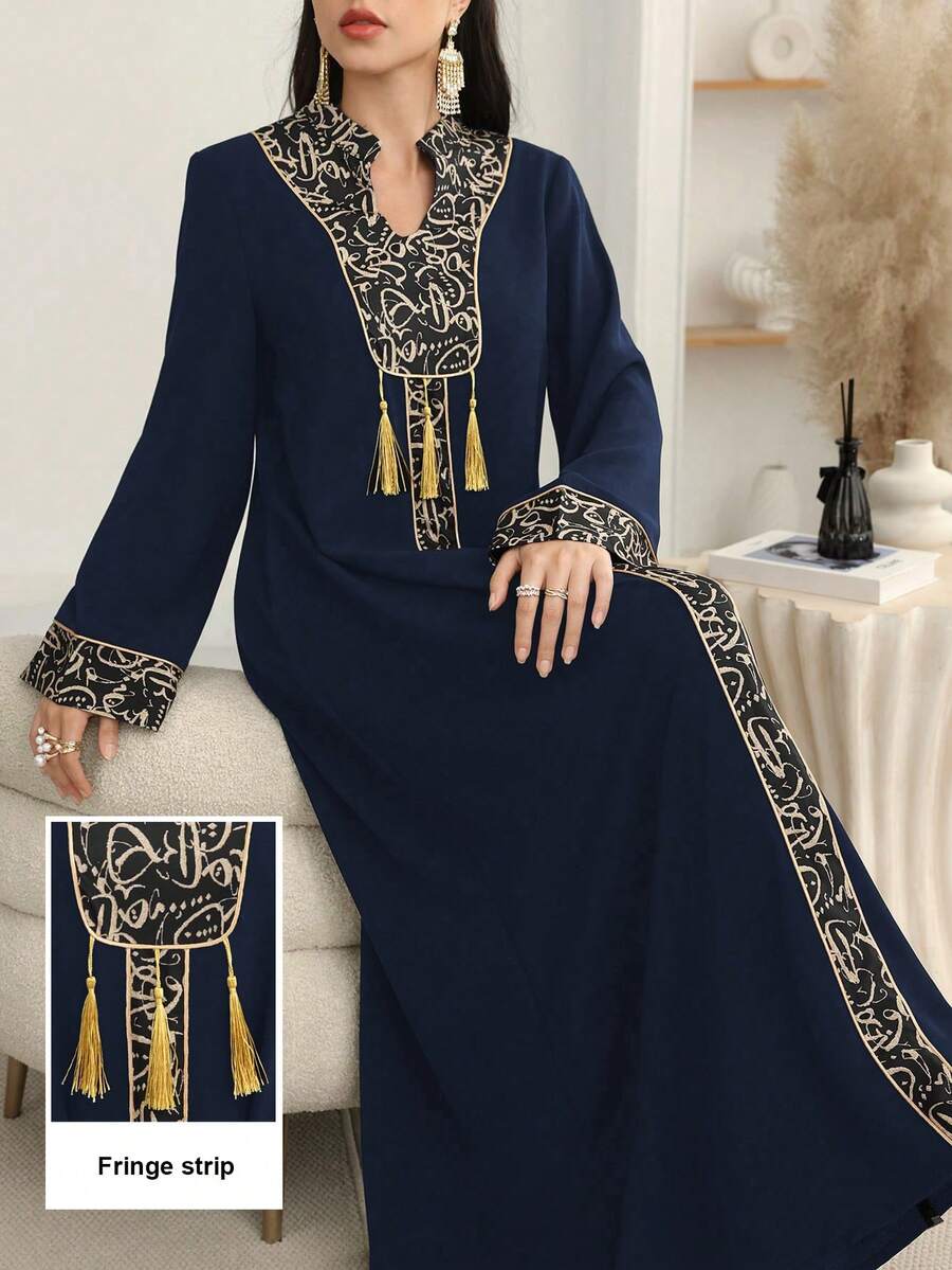 Al Najma Cardigan Panjang Motif Patchwork Warna Polos dengan Hiasan Emas dan Liontin - Navy Blue - View 1